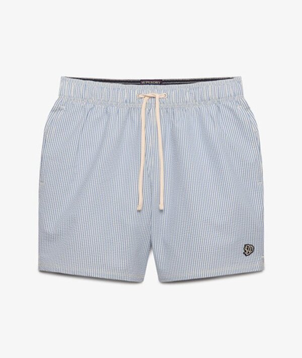  Superdry & Co Men's Seer Sucker 15 Inch Swim Shorts Light Blue / Rice White/endless Sky Stripe   Size: S 