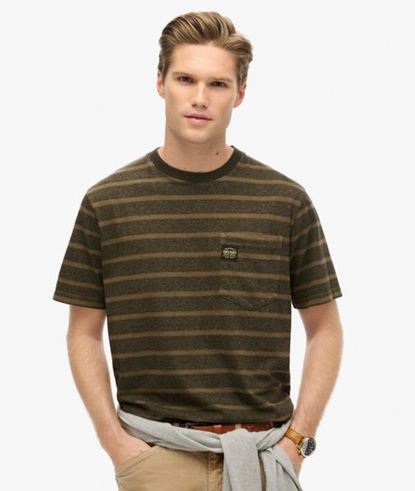 Superdry & Co Men's Textured Stripe Pocket T Shirt Green / Washed Beach Dark Green Stripe   Size: Xxl 