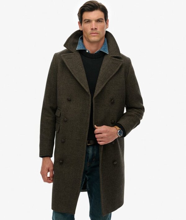  Superdry & Co Men's The Merchant Store   Wool Blend Long Coat Brown / Oak Brown Herringbone   Size: Xl 