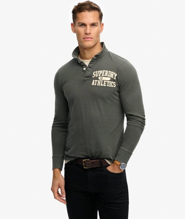  Superdry & Co Men's Vintage Athletic Long Sleeve Polo Shirt Dark Grey / Dark Shadow Grey   Size: Xxl 