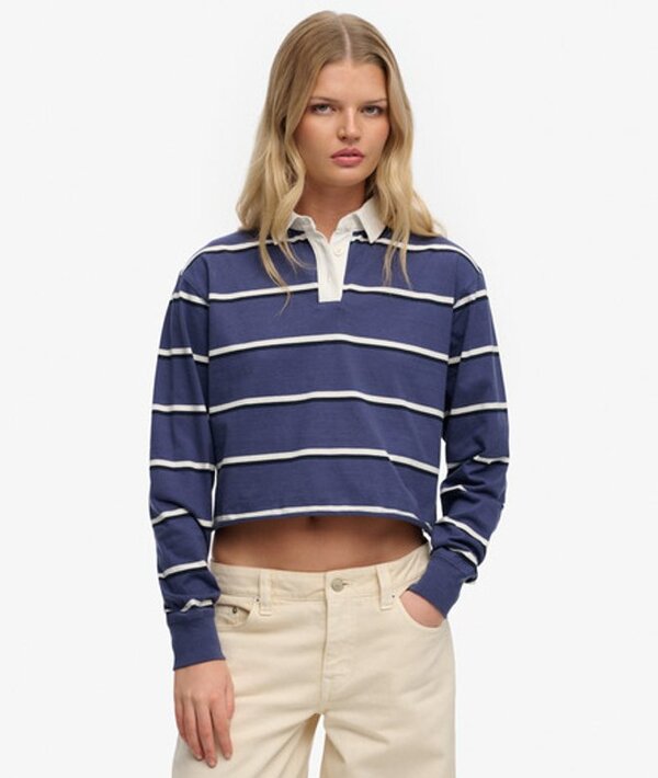  Superdry & Co Women's Athletic Essentials Cropped Stripe Rugby Top Navy / Mariner Navy/ecru Stripe   Size: 6 