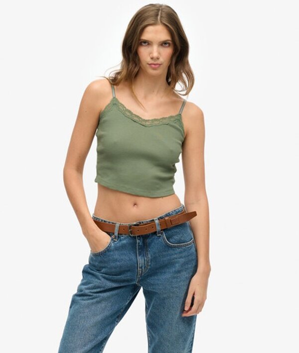  Superdry & Co Women's Athletic Essentials Lace Trim Cropped Cami Top Green / Laurel Khaki   Size: 14 16 
