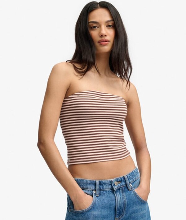  Superdry & Co Women's Athletic Essentials Stripe Jersey Bandeau Top Brown / Chestnut Brown/pink Stripe   Size: 10 