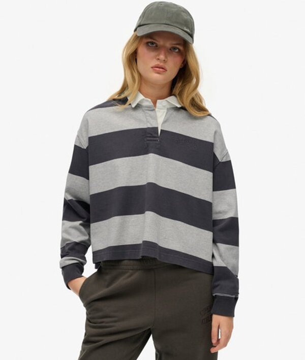  Superdry & Co Women's Athletic Essentials Stripe Rugby Top Grey / Charcoal/glacier Grey Marl   Size: 14 