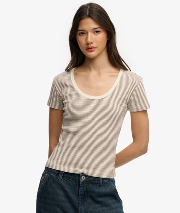  Superdry & Co Women's Athletic Essentials Striped Short Sleeve Top Brown / Chestnut Brown Stripe   Size: 10 