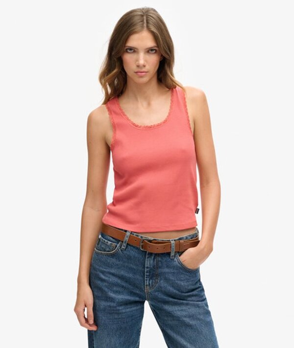  Superdry & Co Women's Athletic Essentials Vintage Lace Trim Vest Top Cream / Coral Peach   Size: Xs/s 