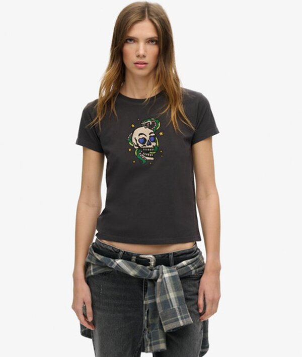  Superdry & Co Women's Embroidered Graphic Small Tattoo Rhinestone Fitted T Shirt, Black And Cream, Size: 10 