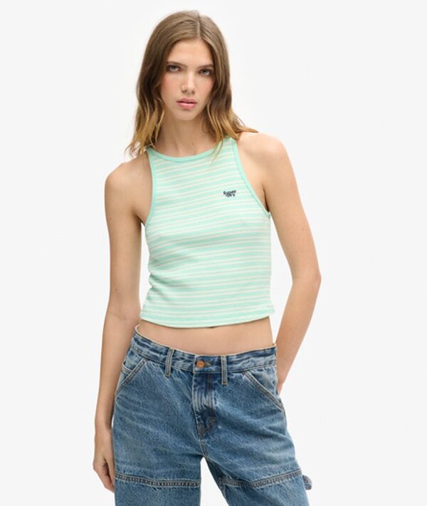  Superdry & Co Women's Essential Logo Striped Racer Vest Top Green / Beach Glass Green Stripe   Size: 6 8 