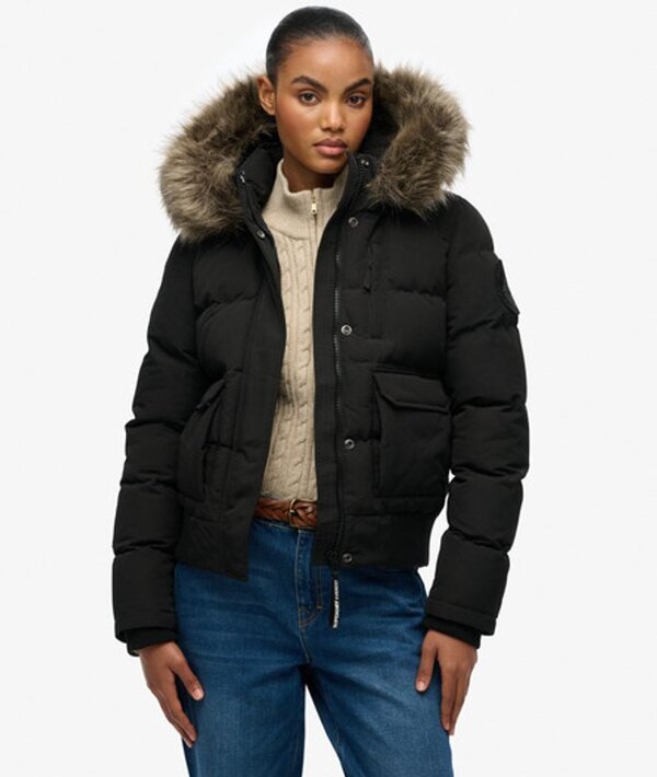  Superdry & Co Women's Everest Fully Lined Embroidered Badge Hooded Puffer Bomber Jacket, Dark Grey, Size: 8 