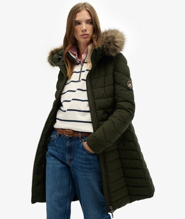  Superdry & Co Women's Fuji Faux Fur Hooded Mid Length Coat Green / Surplus Goods Olive Green   Size: 6 