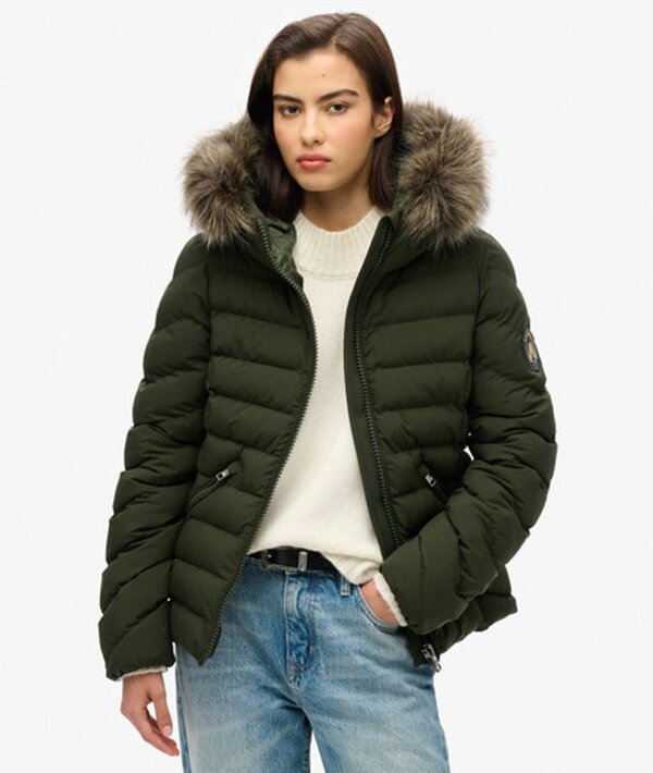  Superdry & Co Women's Fuji Faux Fur Hooded Padded Jacket Green / Surplus Goods Olive Green   Size: 16 