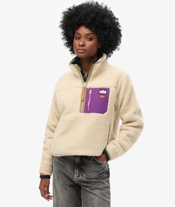  Superdry & Co Women's Fully Lined Logo Badge Vintage Retro Half Zip Fleece Jumper, Cream And Purple, Size: 8 