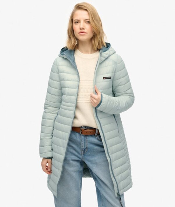  Superdry & Co Women's Hooded Fuji Lite Mid Length Padded Jacket Light Grey / Puritan Grey   Size: 12 