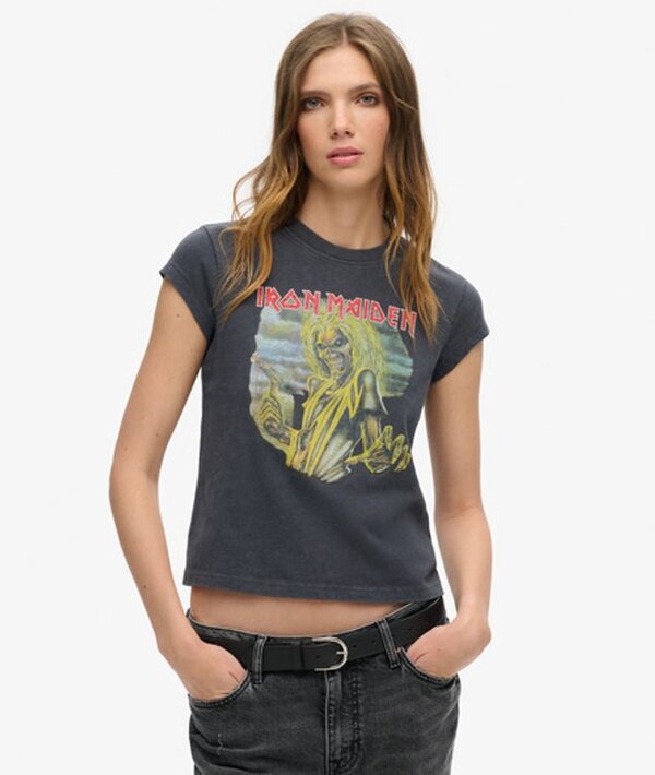  Superdry & Co Women's Iron Maiden X Superdry & Co Cap Sleeve Band T Shirt Black / Mid Merch Black   Size: 10 