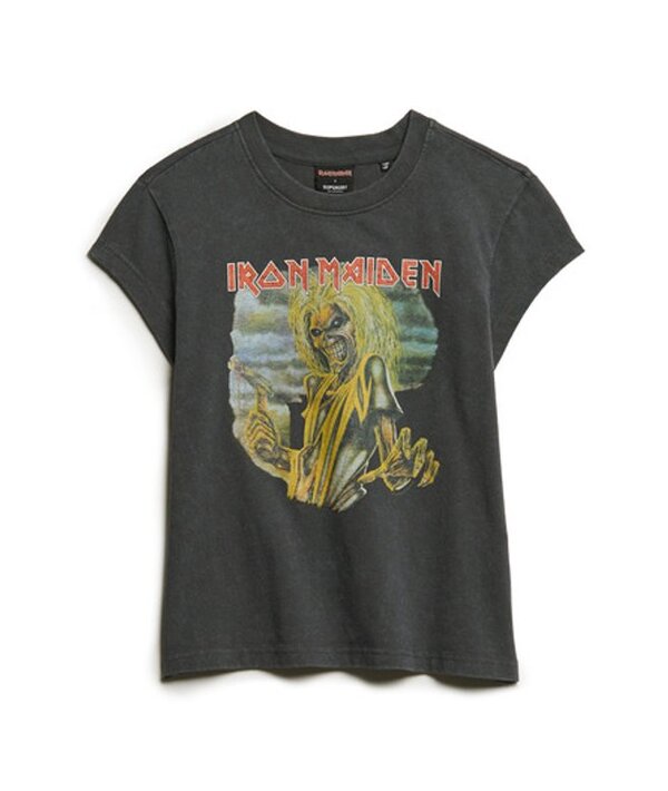  Superdry & Co Women's Iron Maiden X Superdry & Co Cap Sleeve Band T Shirt Black / Mid Merch Black   Size: 12 