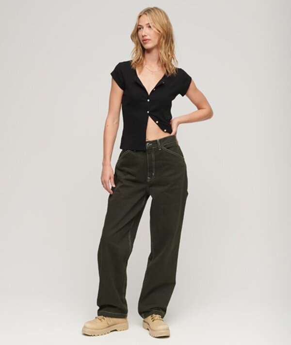  Superdry & Co Women's Ladies Classic Contrast Carpenter Wide Leg Pants, Green, Organic   Size: 26/32 
