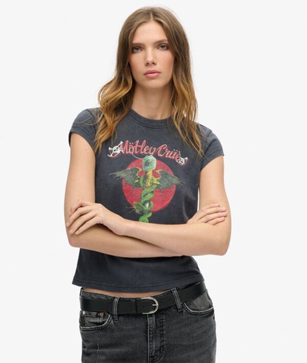  Superdry & Co Women's Motley Crue X Superdry & Co Cap Sleeve T Shirt Dark Grey / Mid Backstage Black   Size: 8 