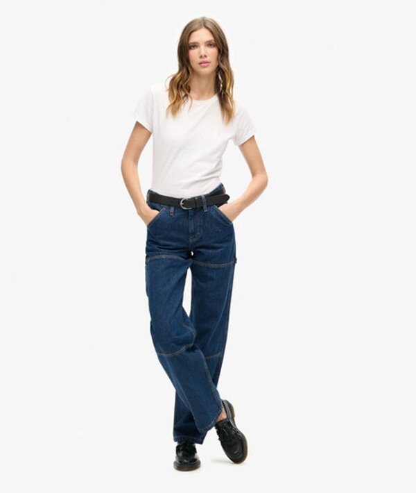  Superdry & Co Women's Organic Cotton Mid Rise Denim Carpenter Jeans Dark Blue / Rinse Blue   Size: 26/30 