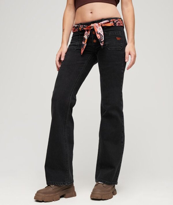  Superdry & Co Women's Organic Cotton Vintage Low Rise Slim Flare Jeans Black / Wolcott Black Stone   Size: 32/32 