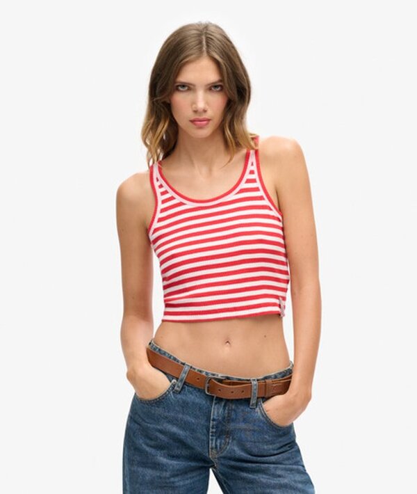  Superdry & Co Women's Organic Cotton Vintage Ribbed Crop Vest Top Red / Soda Pop Red Stripe   Size: 14 