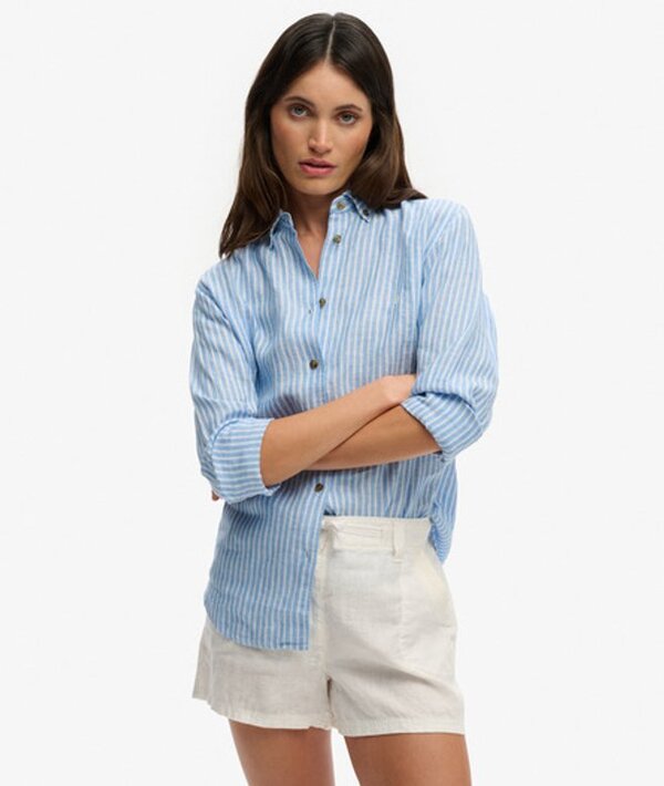  Superdry & Co Women's Premium Linen Button Down Slim Shirt Light Blue / Classic Blue Stripe   Size: 14 