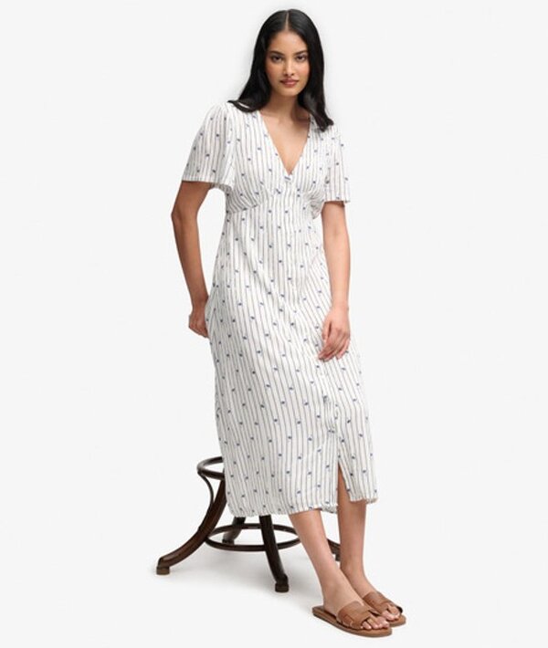  Superdry & Co Women's Printed Button Short Sleeve Midi Tea Dress Cream / Carnation Cream Ditsy Stripe   Size: 8 