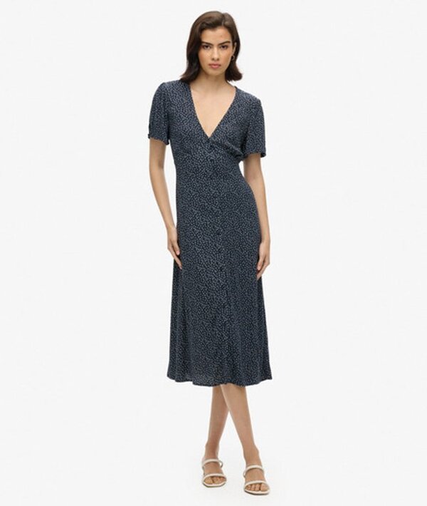  Superdry & Co Women's Printed Button Up Short Sleeve Midi Tea Dress Navy / Ditsy Flower Navy   Size: 10 