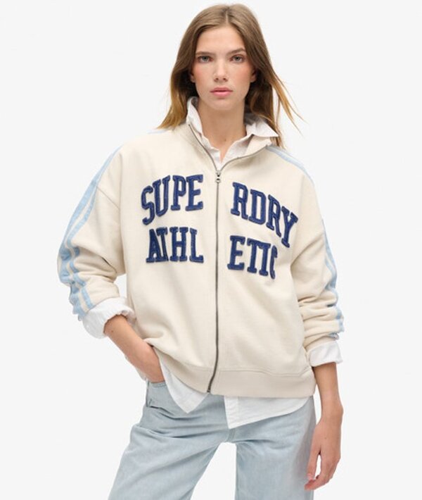  Superdry & Co Women's Side Striped Athletic Essentials Applique Loose Zip Track Top, Cream, Size: 10 