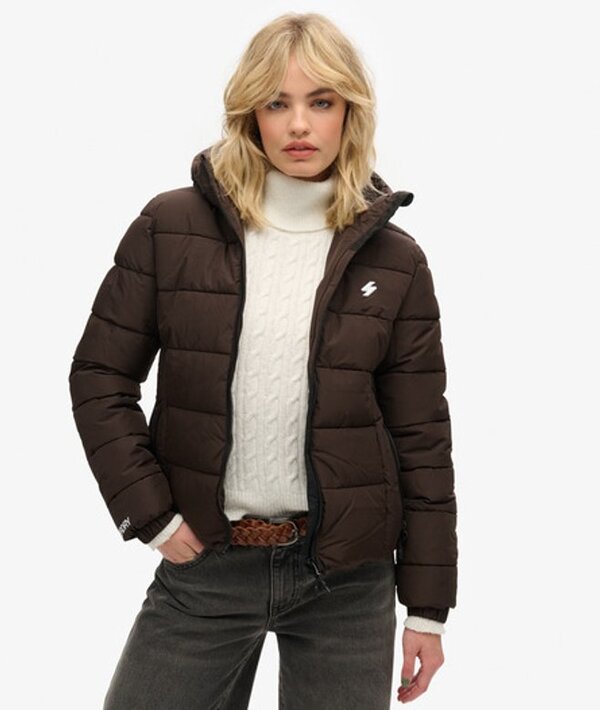  Superdry & Co Women's Slim Fit Embroidered Logo Hooded Spirit Sports Puffer Jacket, Dark Brown, Size: 8 