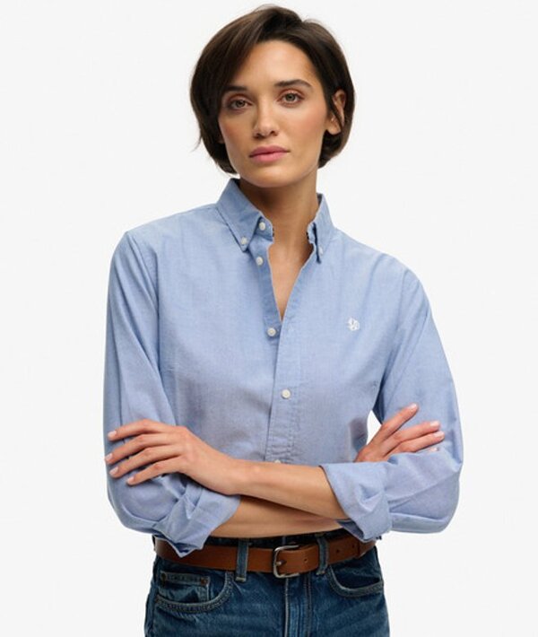  Superdry & Co Women's Slim Oxford Button Down Long Sleeve Shirt Blue / Azure Blue Chambray Oxford   Size: 8 