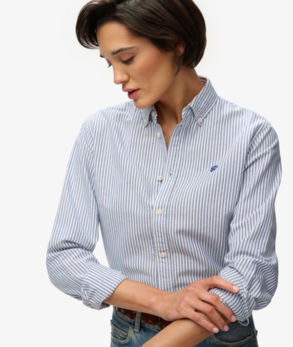  Superdry & Co Women's Slim Oxford Button Down Long Sleeve Shirt Blue / Azure Blue Stripe Oxford   Size: 14 