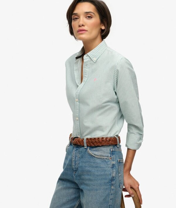  Superdry & Co Women's Slim Oxford Button Down Long Sleeve Shirt Green / Peppermint Chalk Stripe Oxford   Size: 10 