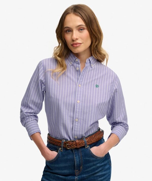  Superdry & Co Women's Slim Oxford Button Down Long Sleeve Shirt White / Fresh Lavender/white   Size: 12 