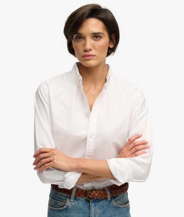  Superdry & Co Women's Slim Oxford Button Down Long Sleeve Shirt White / Optic White Oxford   Size: 14 