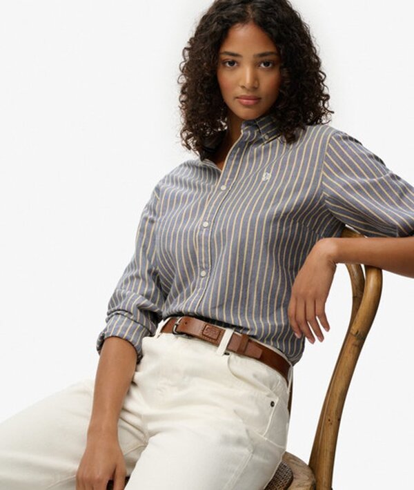  Superdry & Co Women's Slim Oxford Button Down Long Sleeve Shirt Yellow / Blue/yellow Stripe   Size: 10 