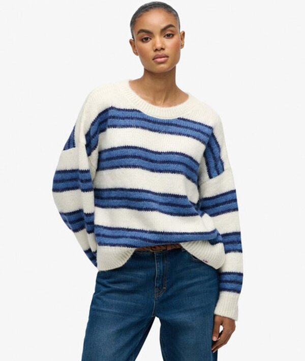  Superdry & Co Women's Slouchy Brushed Stripe Knit Jumper Blue / Bleached Denim Blue Stripe   Size: 10 