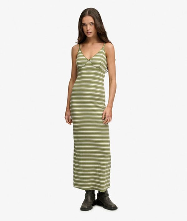  Superdry & Co Women's Stripe Ribbed Jersey Maxi Dress Green / Trekking Olive Green Stripe   Size: 14 
