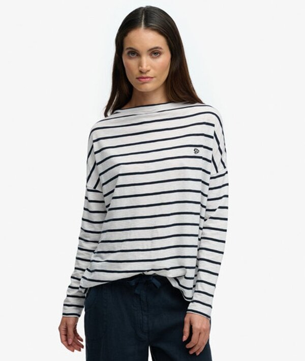  Superdry & Co Women's Studios Boat Neck Slub Long Sleeve Top White / Optic/eclipse Navy Stripe   Size: 12 
