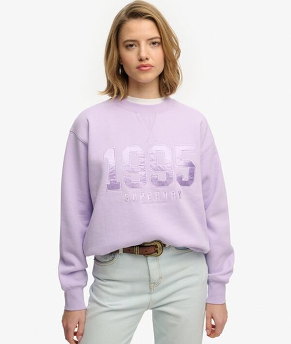  Superdry & Co Women's Varsity Satin Applique Crew Sweatshirt Purple / Parma Violet Purple   Size: 14 
